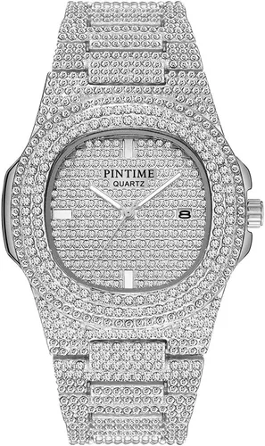 Miniatura 12 de Gosasa Reloj de pulsera unisex de cristal para hombre y mujer, reloj cubano con brillo completo, oblongo de plata/oro, reloj de pulsera de acero