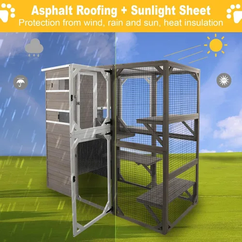 Miniatura 6 de Gowoodhut Catio grandes recintos para exteriores – Casa de madera para gatos resistente a la intemperie con múltiples plataformas y techo resistente