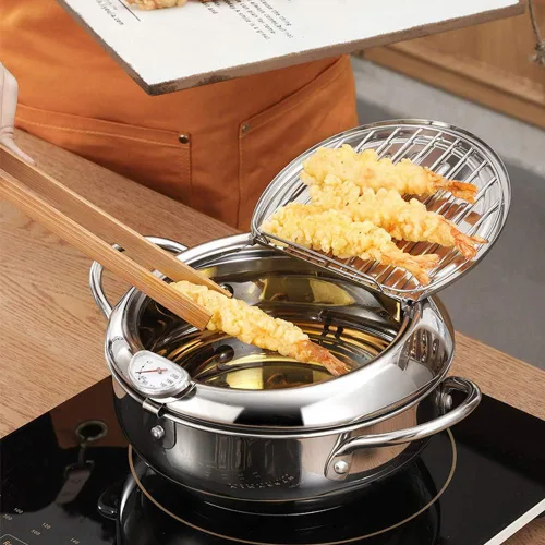 Miniatura 4 de Olla de acero inoxidable para freidora, sartén tempura, control de temperatura, mini olla de pollo con tapa y estante de filtro de aceite extraíble