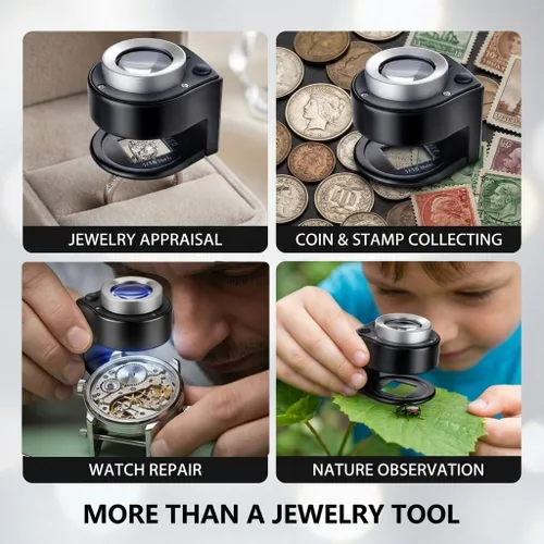 Miniatura 7 de JEYUME Lupa de lupa 30X, lupa portátil recargable para joyeros, lupa con luz púrpura y luz blanca, herramienta de joyería para monedas, joyas