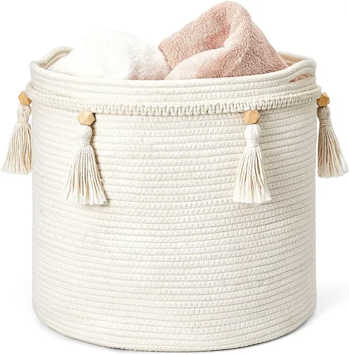 Mkono Cesta Decorativa de Cuerda de Algodón de Macramé Boho Linda Tejida con Borlas Contenedores de Almacenamiento para Armario Organizador para