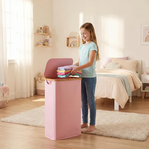 Miniatura 5 de iEGrow Cesta de lavandería delgada de 65L, cesta de lavandería estrecha con tapa, cesta de ropa plegable con asas de bambú, cesta de lavandería