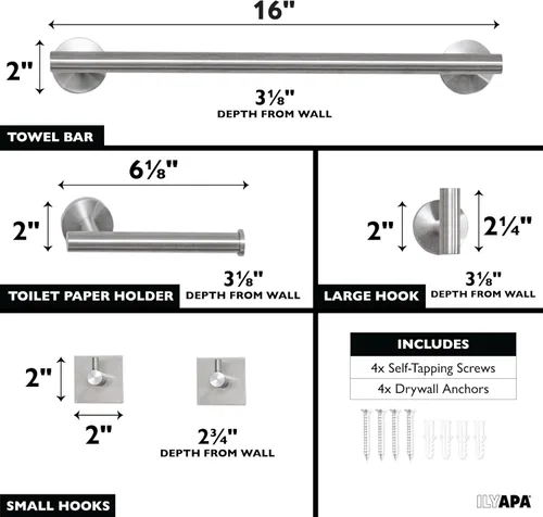 Miniatura 2 de Ilyapa Juego de accesorios de baño de níquel cepillado, juego de 5 toallas de baño de níquel satinado montado en la pared, toallero, 1 gancho