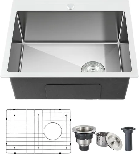 ROVOGO Fregadero de cocina de 20 x 16 x 9 pulgadas, cuenco individual de acero inoxidable 304 hecho a mano, montaje superior moderno con rejilla