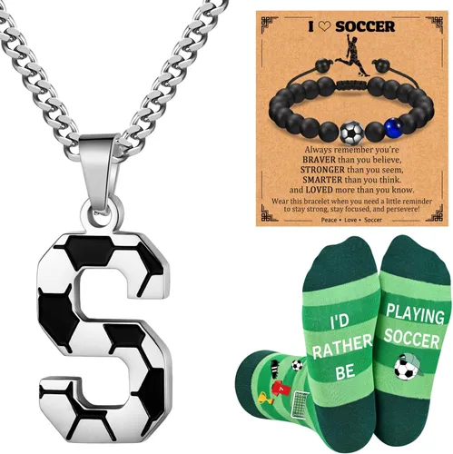 Soccer Gifts Set A-Z Letter Soccer Necklace for Men Novelty Soccer Socks&Soccer Bracelets for Soccer Lovers