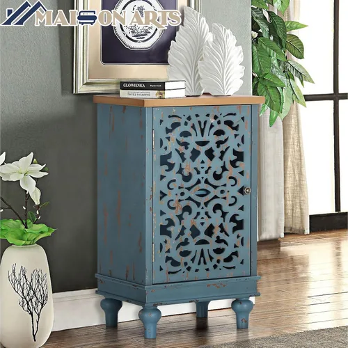 Miniatura 4 de MAISON ARTS Gabinete de Acento Pequeño con Una Puerta, Gabinete de Almacenamiento Calado Mesa Lateral Envejecida con Patas de Madera Sólida para Azul