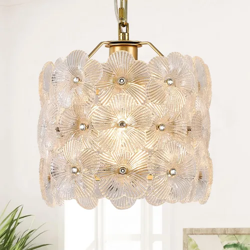 Lámpara colgante de cristal dorado, paquete de 1 lámpara colgante de techo pequeña con flores modernas, 1 luz para cocina, isla, fregadero, comedor,