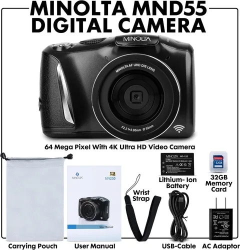 Miniatura 2 de Minolta Cámara digital de 64 MP – Video 4K Ultra HD a 60 FPS, zoom digital de 16x, WiFi, sensor CMOS, pantalla LCD de 3 pulgadas, exposición