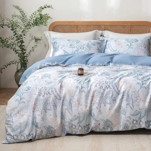 Miniatura 17 de MILDLY Juego de funda de edredón 100% algodón de fibra larga, funda de edredón impresa con patrón de mármol acuarela azul, juego de ropa de cama
