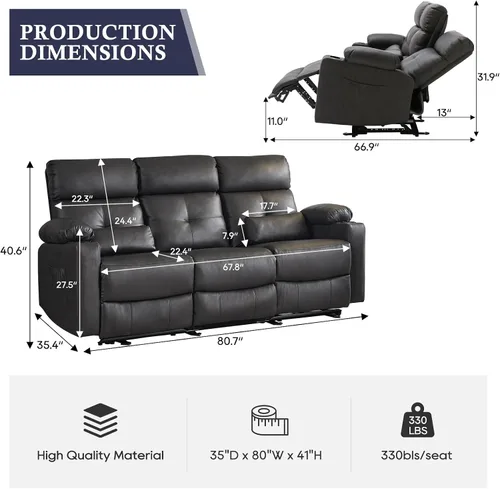 Miniatura 2 de Sofá reclinable eléctrico con calor y masaje, sofá reclinable eléctrico con reposapiés extendido, sofá reclinable de 3 plazas con puertos USB