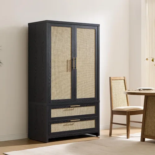 Miniatura 7 de SICOTAS Armario Ropero Gabinete de Ratán, Gabinete de Almacenamiento de 71" con Puertas, 2 Cajones y Barra Colgante, Organizador de Ropa Boho Roble