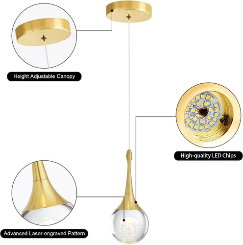 Miniatura 6 de CHYING Lámpara colgante dorada de cristal LED Iluminación colgante de medusa lágrima luces colgantes mini luces colgantes para isla de cocina, baño