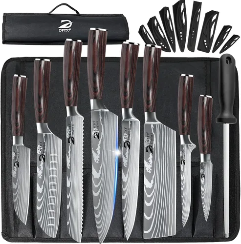 Dfito Juego de cuchillos de chef con bolsa enrollable, juego de 9 piezas de cuchillos profesionales, juego de cuchillos de cocina de acero Rojo
