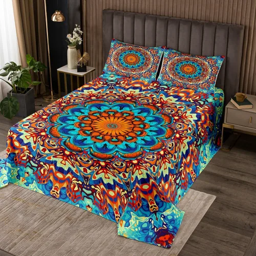 Miniatura 16 de Erosebridal Juego de ropa de cama oriental tamaño King, vintage, juego de colcha Art Deco de terracota, juego de edredón estético hippie