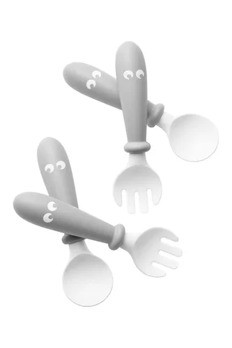 BabyBjörn Cuchara para bebé y tenedor para bebé, 4 piezas, gris, utinsels para bebés, utinsels para niños pequeños, juego de tenedor y cuchara para
