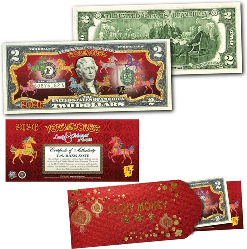 Merrick Mint Año Nuevo Lunar Chino del Caballo Policromado con Sobre Rojo Coloreado Dos Dólares de la Reserva Federal Titular de Exhibición de Notas