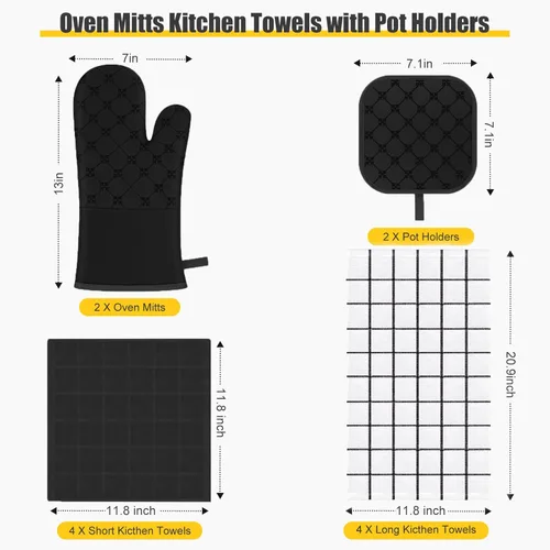 Miniatura 2 de Manoplas de Horno Toallas de Cocina Paños de Cocina con Soportes para Ollas Juego de 12 Piezas, Juego de Toallas de Cocina, Guantes de Horno Negro