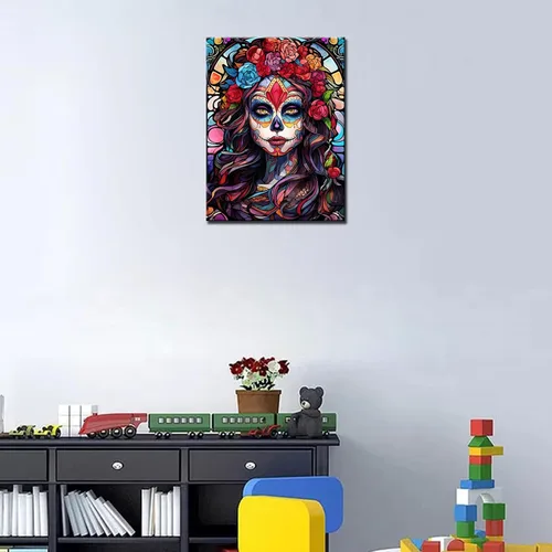 Miniatura 16 de Pintura de diamantes de calavera de azúcar 5D, kit de numeración de maquillaje de esqueleto de moda, arte de pared de rosa roja, arte de pared