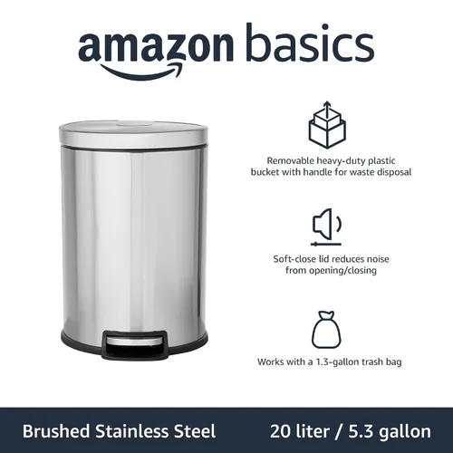 Miniatura 2 de Amazon Basics Bote de basura cilíndrico redondo con tapa de cierre suave, pedal de pie, cubo interior extraíble, resistente a las manchas, 20 l/5.3