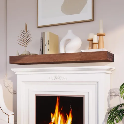 Miniatura 3 de Eshoma - Repisa para chimenea artesanal; estante sólido para colocarse sobre la chimenea; estante flotante montado en la pared con soportes Nogal
