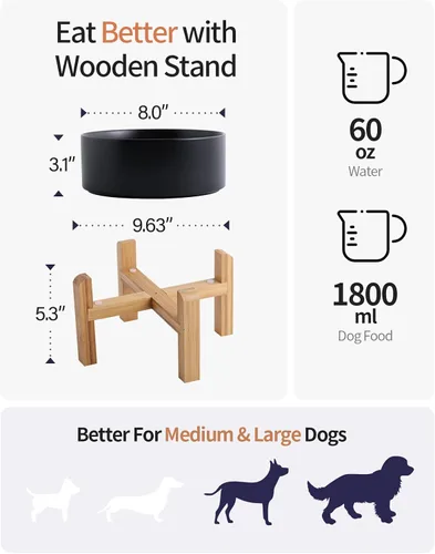 Miniatura 2 de Cuenco negro elevado/alzado de cerámica para perros con soporte de madera para razas medianas y grandes, plato de comida y agua para perros pesado