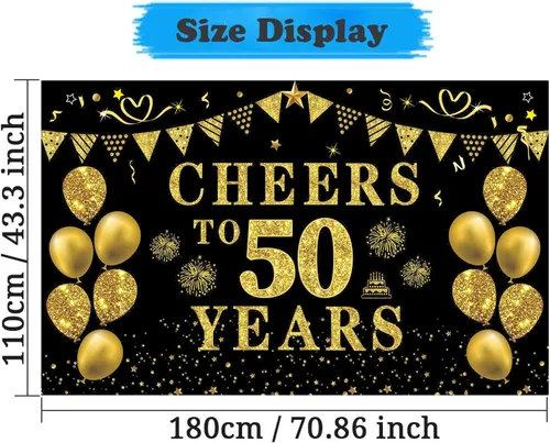 Miniatura 2 de Trgowaul Decoraciones de cumpleaños número 50/aniversario/boda para mujeres y hombres, pancarta de felicitación a los 50 años, fondo negro y dorado