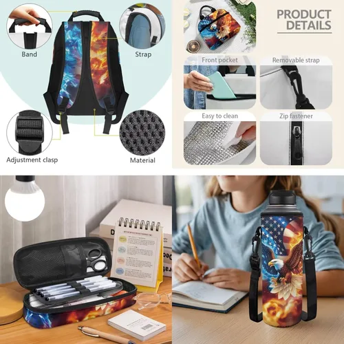 Miniatura 4 de Bulopur Eagle American Flag Print Kids Backpack Boys Elementary School 17 Inch Bookbag With Lunch Bag Water Bottle Holder Keychain Pencil Case 5