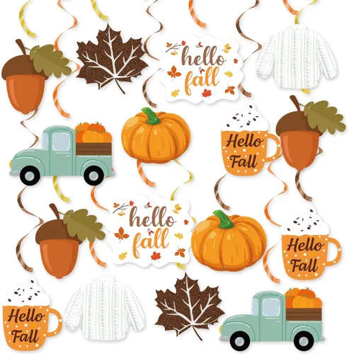 20 decoraciones colgantes de fiesta de otoño, decoraciones de fiesta de otoño de Hello Fall, recortes de camión de hojas de calabaza, adornos de