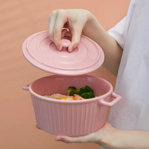 Miniatura 5 de Cacerola con tapa, cacerola de cerámica de 1.1 cuartos de galón para horno colorido (1, rosa)
