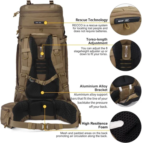 Miniatura 5 de Mardingtop Mochila militar con marco interno de 75L para hombres, mochila táctica Cordura con Recco para snowboard, senderismo, camping Caqui