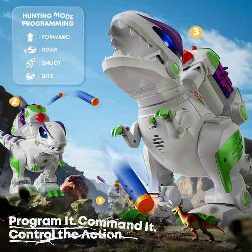 Miniatura 8 de Ruko 8809 Juguetes de dinosaurio para niños, gran T-Rex de control remoto recargable, con funciones programables, camina, ruge, ojos LED y disparo