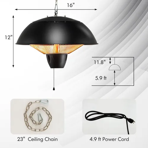 Miniatura 8 de COSTWAY Calentador colgante para patio, calentador infrarrojo montado en el techo de 1500 W con calentamiento rápido 1S, calentador eléctrico
