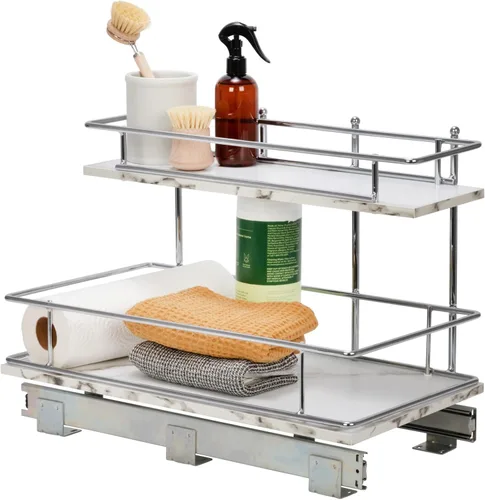 Household Essentials - Organizador Glidez de mármol sintético, de armario de cocina, de 2 niveles, estantes extraíbles, 53 cm de profundidad x 31 cm