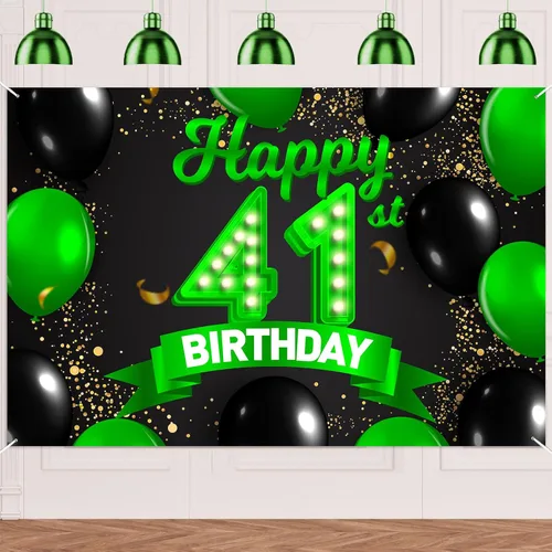 Miniatura 90 de Cartel de feliz cumpleaños 26 verde y negro, telón de fondo con texto en inglés "Cheers to 26 years old confeti", globos de confeti, decoración