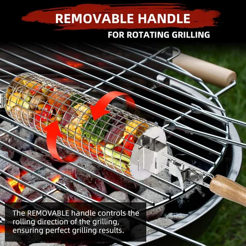 Miniatura 4 de Cesta de parrilla rodante, acero inoxidable SUS304, mango de madera extraíble, cesta de parrilla de barbacoa cilíndrica redonda, parrilla de cocina