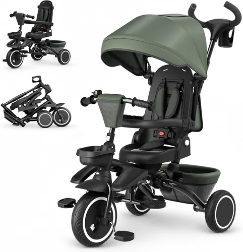 Miniatura 8 de Triciclo 8 en 1 para niños, cochecito de triciclo plegable con asiento reversible, varilla de empuje ajustable y toldo, bicicleta triciclo