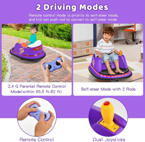 Miniatura 3 de HONEY JOY Coche de parachoques para niños pequeños de 12 V, funciona con batería, joysticks duales, luz LED intermitente y giro de 360 grados, Morado