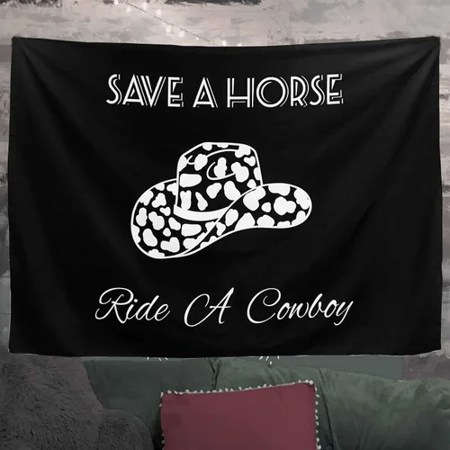 Miniatura 3 de TUGCAY Save A Horse Ride A Cowboy - Tapiz negro divertido con sombrero occidental, tapices para colgar en la pared para dormitorio, dormitorio
