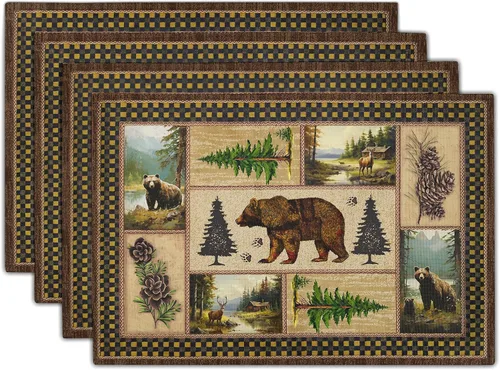 Manteles individuales rústicos con diseño de oso y ciervo, 4 piezas, manteles individuales vintage de cabaña con piñas y cuadros, resistentes al