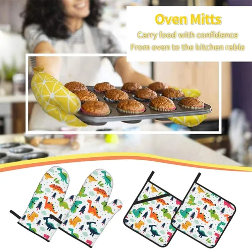 Miniatura 7 de Juego de 4 manoplas de horno y agarraderas de dinosaurio Kawaii con diseño de dinosaurio, guantes resistentes al calor para cocina, hornear, asar a