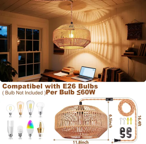 Miniatura 4 de Lámpara colgante de ratán: iluminación colgante de 16.4 pies con cable enchufable, enchufe a toma de pared, interruptor de encendido/apagado