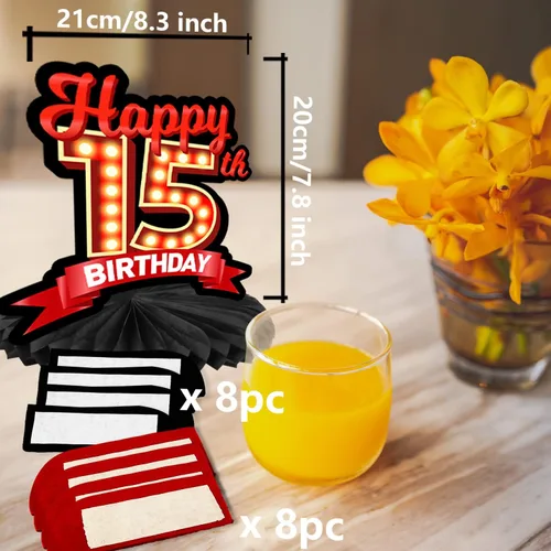 Miniatura 3 de Feliz Cumpleaños 15 Centros de Mesa de Panal Rojo y Negro Globos Decoración Temática de Mesa Decoraciones de Mesa Adornos de Mesa para Niñas Mujeres