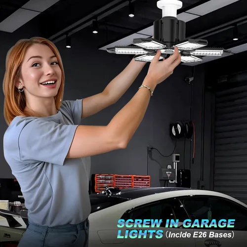 Miniatura 4 de Luces LED de garaje, paquete de 6 luces LED de techo superbrillantes de 200 W, base E26/E27, 6500 K, 22000 lúmenes, luz de garaje deformable ideal