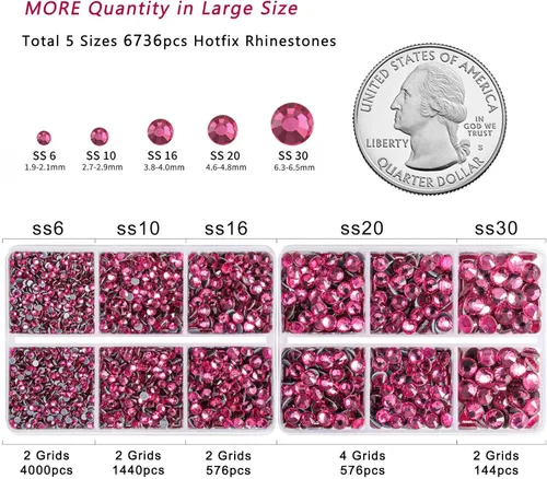 Miniatura 4 de 6736 piezas de diamantes de imitación Hotfix con parte trasera plana, diamantes de imitación rosa para manualidades y ropa, 5 tamaños mixtos, kit