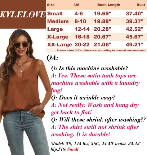 Miniatura 6 de KYLELOVE Camisetas sin mangas de satén para mujer, de doble capa, sin mangas, cuello en V, camisas de trabajo