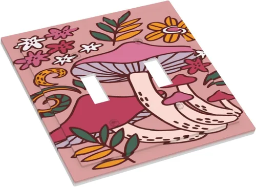 Miniatura 3 de Cubierta de interruptor de luz de palanca doble de 2 cuadras, color rosa, hongos, flores, placa de pared, placa frontal eléctrica, retro, años 70