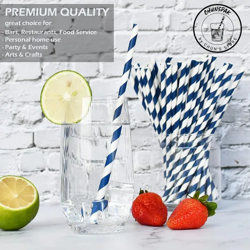 Miniatura 3 de Pajitas de papel biodegradable a granel, azul marino, 1000 unidades, 7.75 pulgadas, 0.24 pulgadas de diámetro Azul marino (Navy Blue Stripes)