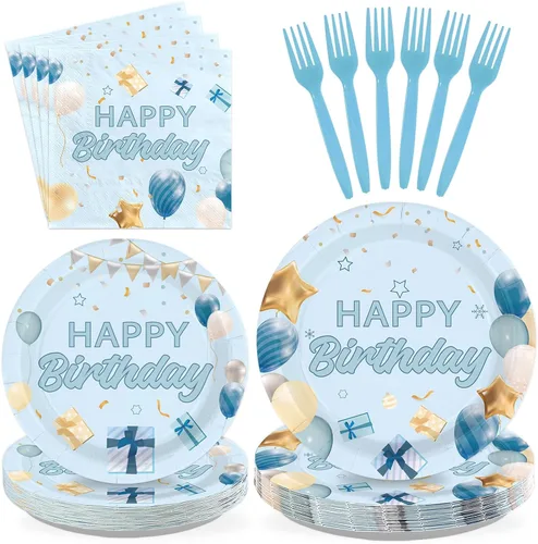 96 piezas de decoraciones de graduación azules y doradas platos y servilletas desechables de feliz cumpleaños, decoraciones azules y doradas para
