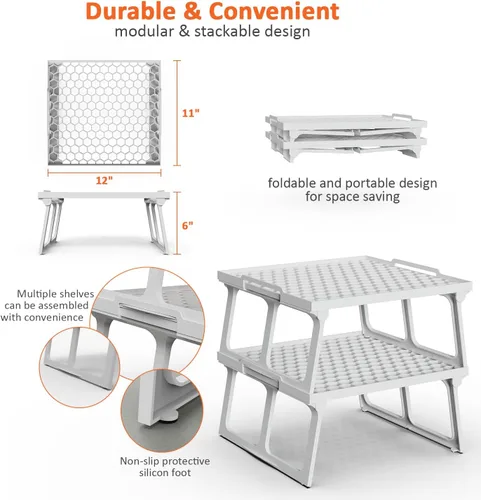 Miniatura 4 de ums Organizador de estante de plástico para armario de cocina, estante apilable de plástico blanco, estante elevador de estante, estante