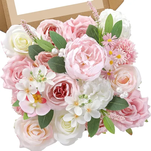 Miniatura 27 de Serwalin Flores artificiales, flores rosadas, flores de seda falsas, flores de pastel de boda, flores para ramos de boda, centros de mesa, Un rosa